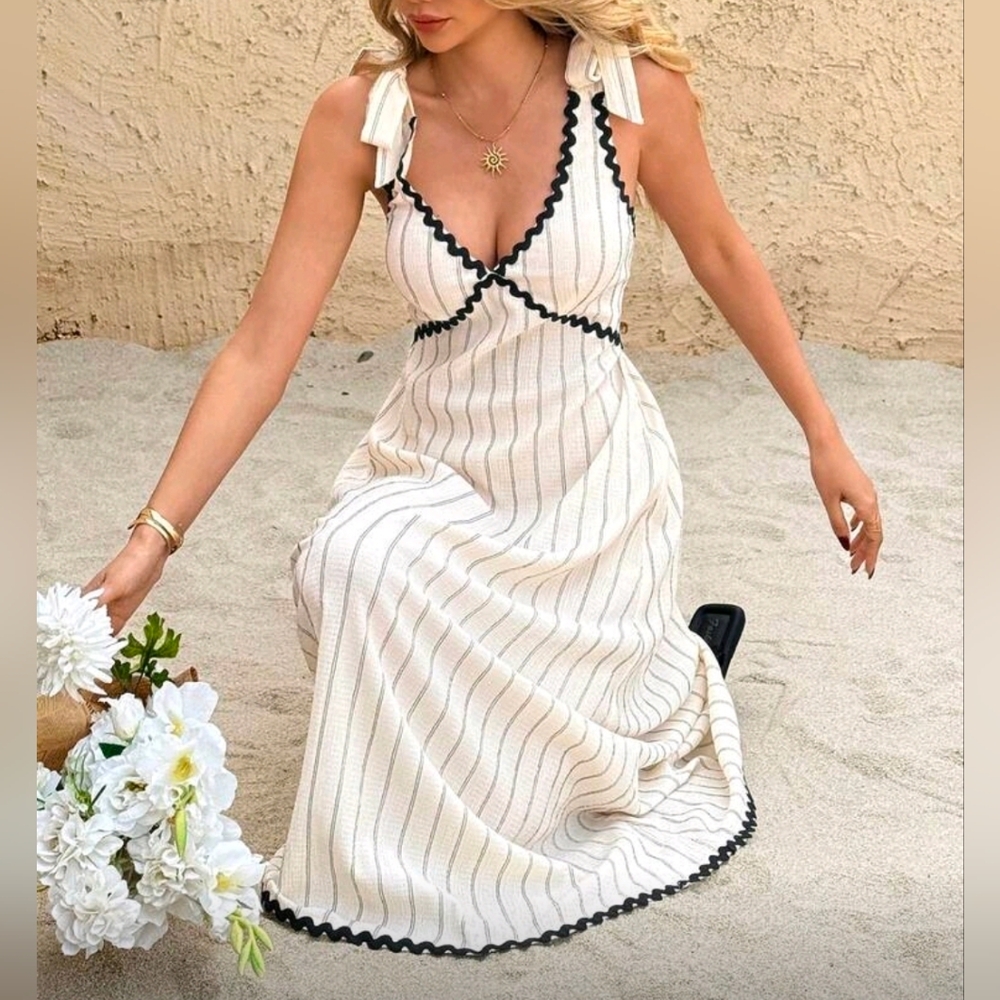 New Flowy Tie Strap Rickrack Trim Long Dress Cream Tan Black - Picture 2 of 10